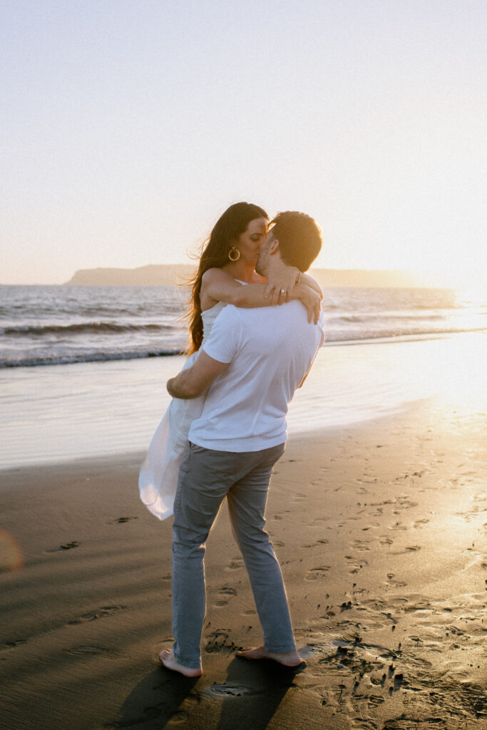 Sunset engagement photos in Seattle, intimate beach session for engaged couple, natural light Pacific Northwest photographer, storytelling engagement images, relaxed engagement shoot by the ocean, candid beach portraits WA
