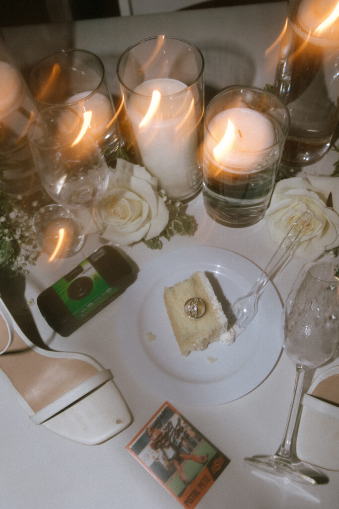 Wedding table flat lay detail Seattle, candlelit wedding reception details, rings and floral reception styling Seattle